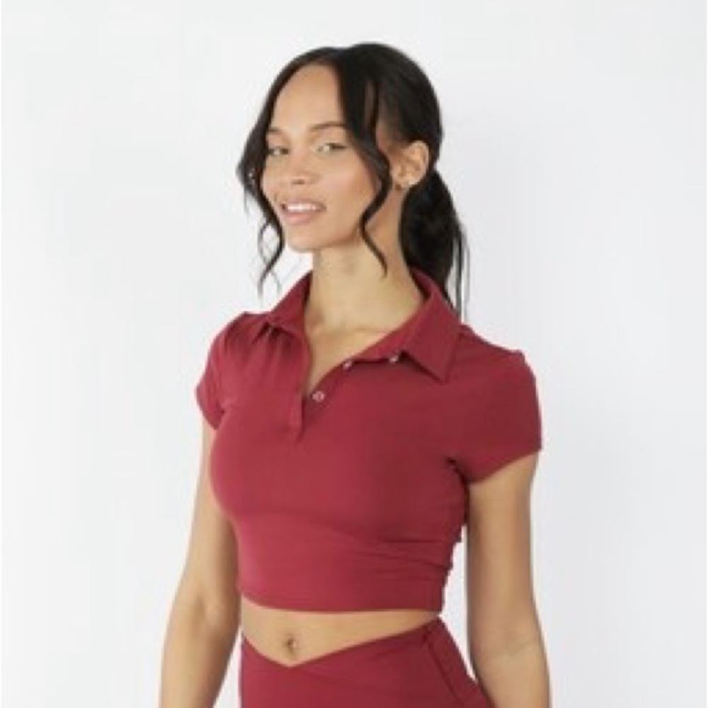 90 Degree By Reflex Red Fitted Crop Polo Top